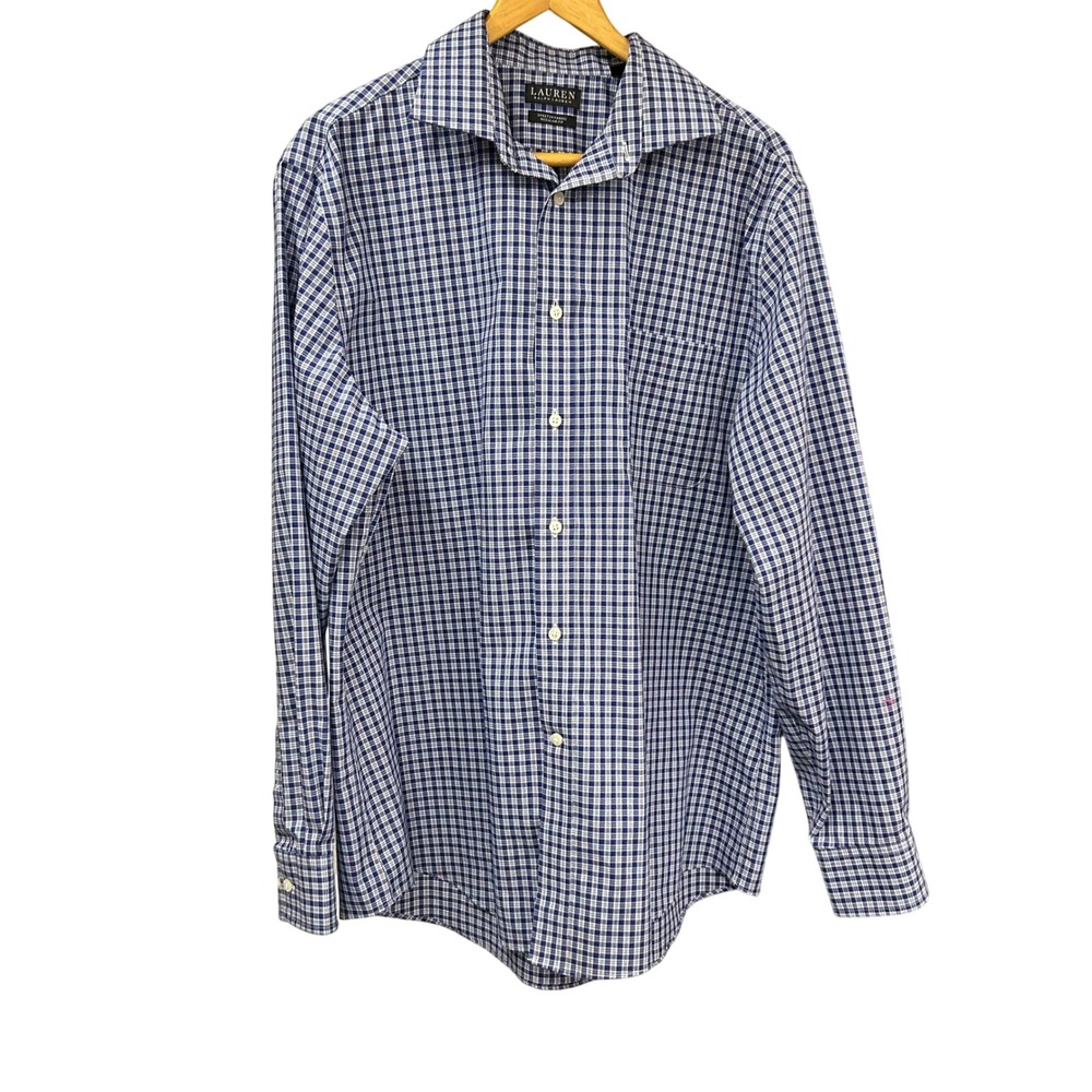 Lauren Ralph Lauren Mens Shirt XL Blue‎ White Gingham Stretch Regular Fit